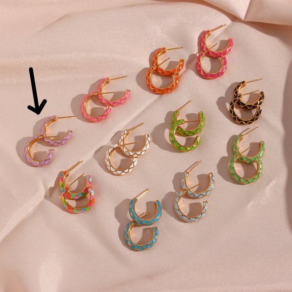 Lilac Purple Enamel Geometric Pattern Hoop‎ Earrings 18K Gold Plated Stainless - Picture 7 of 11